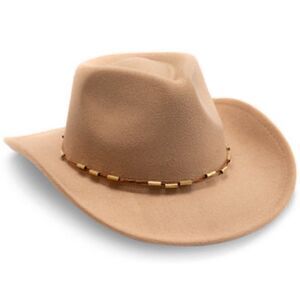 Vince Camuto OS Camel Brown Cowboy Hat with Beaded Trim Detail